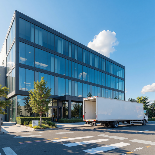 科技公司办公楼外景，现代建筑风格，蓝天白云背景