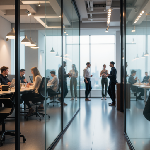 金融公司内部办公环境，专业会议室场景，商务人士讨论