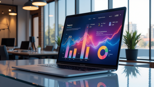 域名交易市场趋势图表显示增长态势，商业数据分析界面，现代化办公室背景