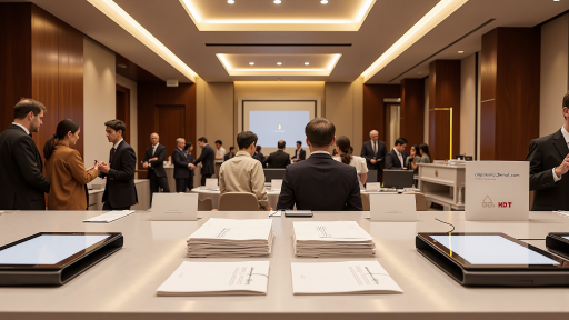 高端域名拍卖现场，专业人士参与竞拍，现代化会议厅环境