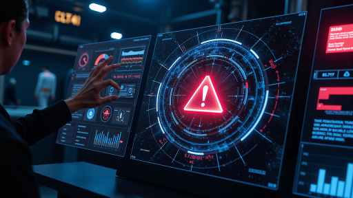 网络安全专家在电脑前工作，显示域名监控系统界面，专注工作状态